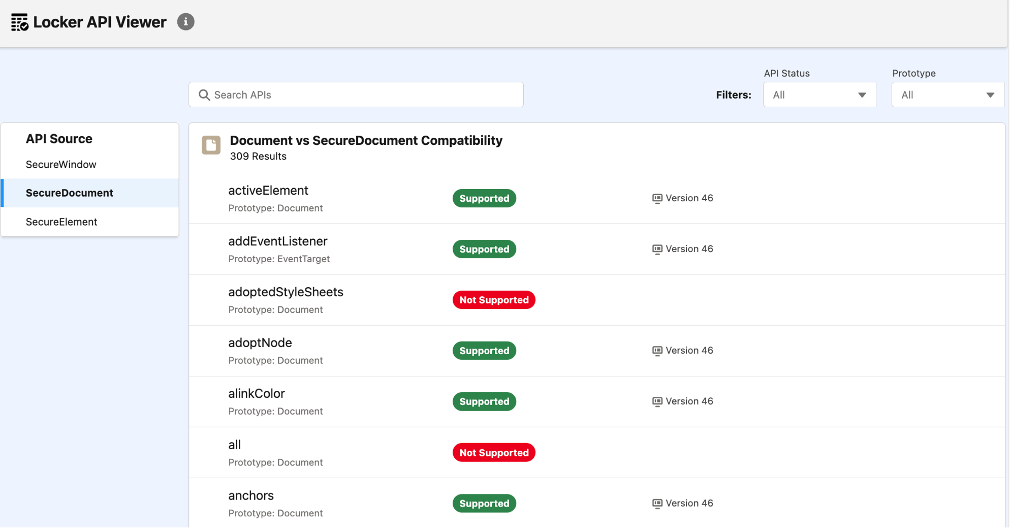 Locker API Viewer UI with list of APIs supported by SecureDocument.