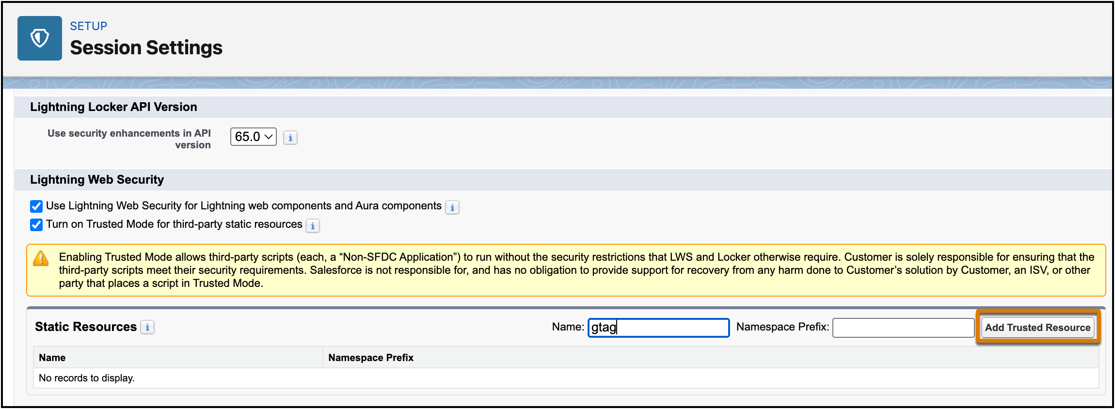 Session Settings with highlight on Add Trusted Resource button