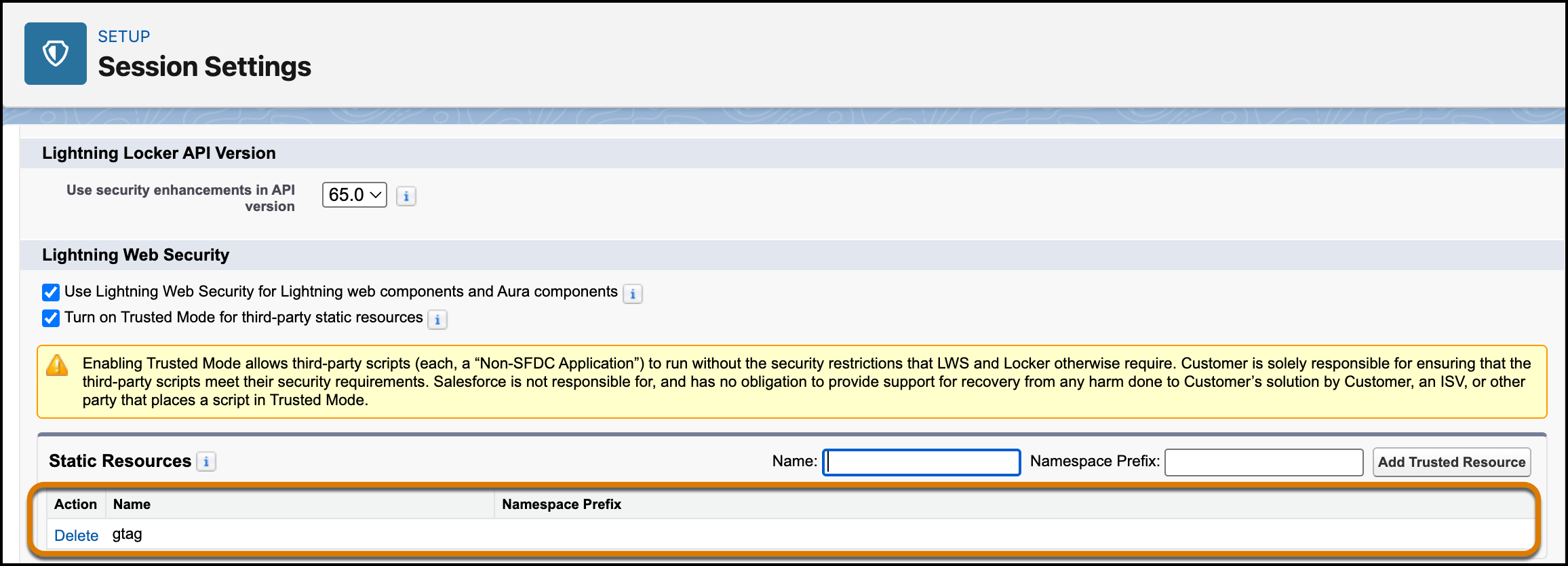 Trusted mode enabled with resource added to the list