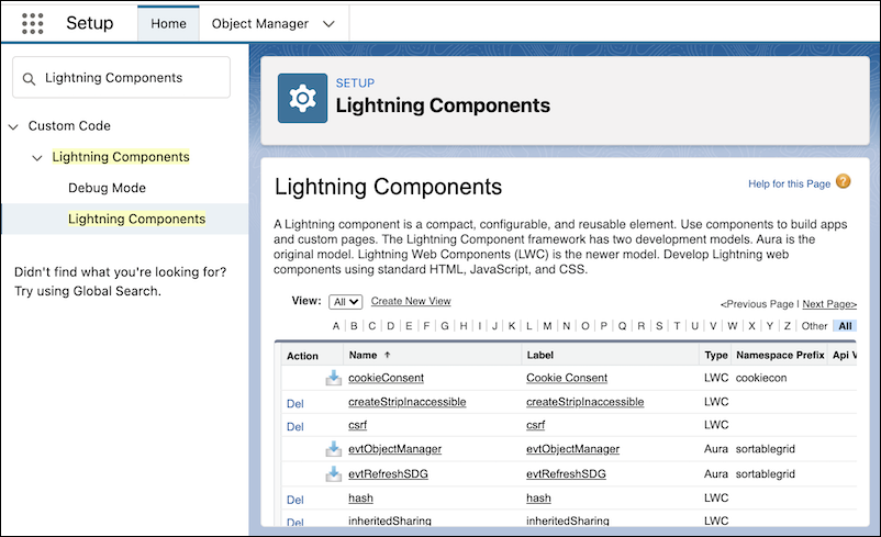 Setup's Lightning Components page lists components in an org