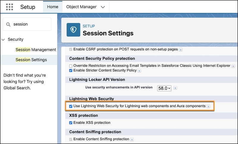 Session Settings page with Lightning Web Security selected