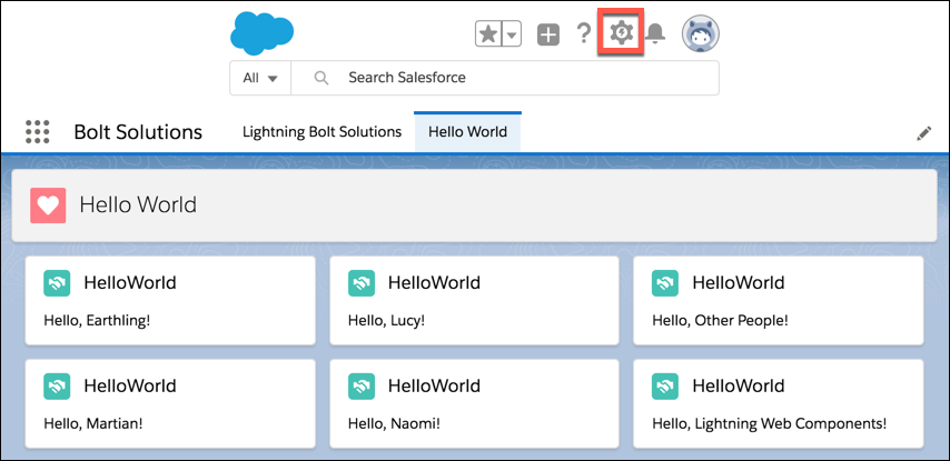 挨拶が異なる 6 つの Hello World コンポーネントが表示された Salesforce の Lightning ページ。
