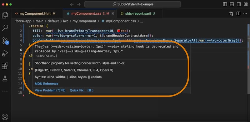 An example SLDS Validator recommendation.
