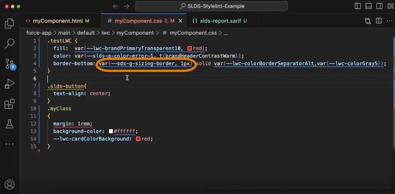 An example CSS file open in VS Code with a highlight on line 4 -–sds-g-sizing-border, 1px.