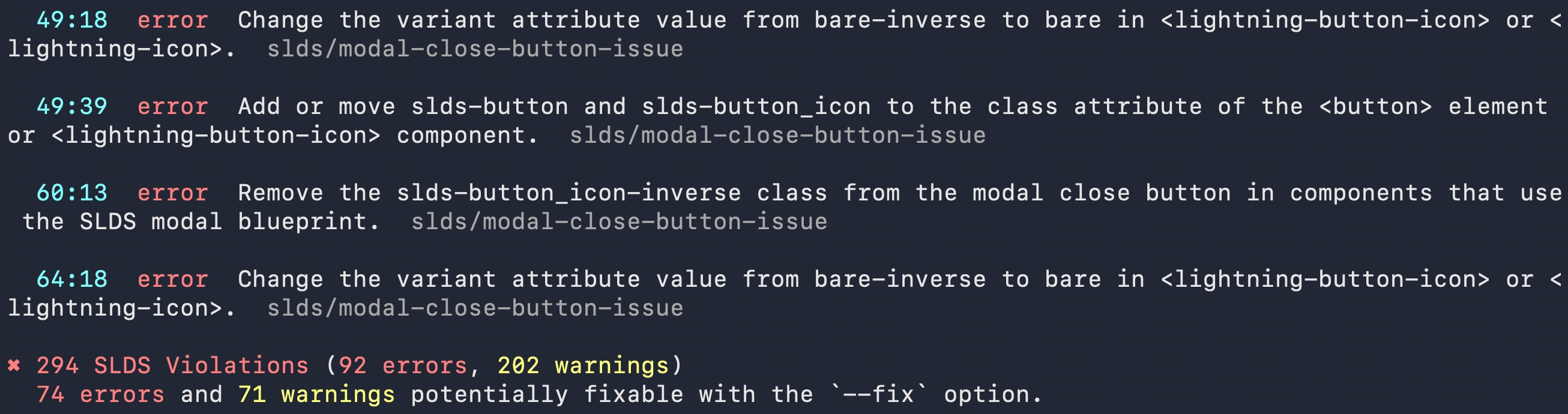 Screenshot showing Linter validation results in terminal in the ESLint stylish format.