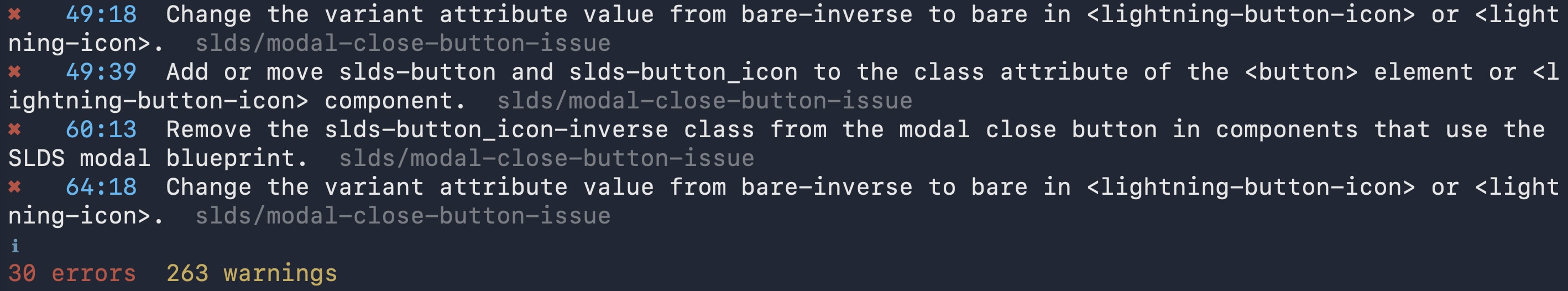 Screenshot showing Linter validation results in terminal before the ESLint stylish format is applied.