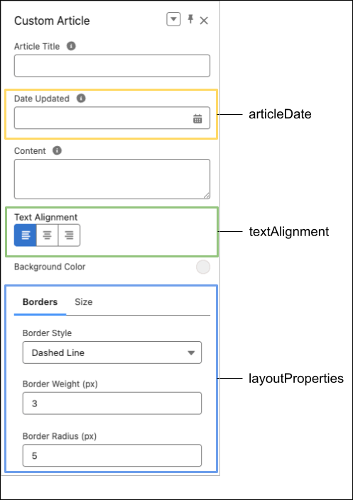 Property panel for the Custom Article component