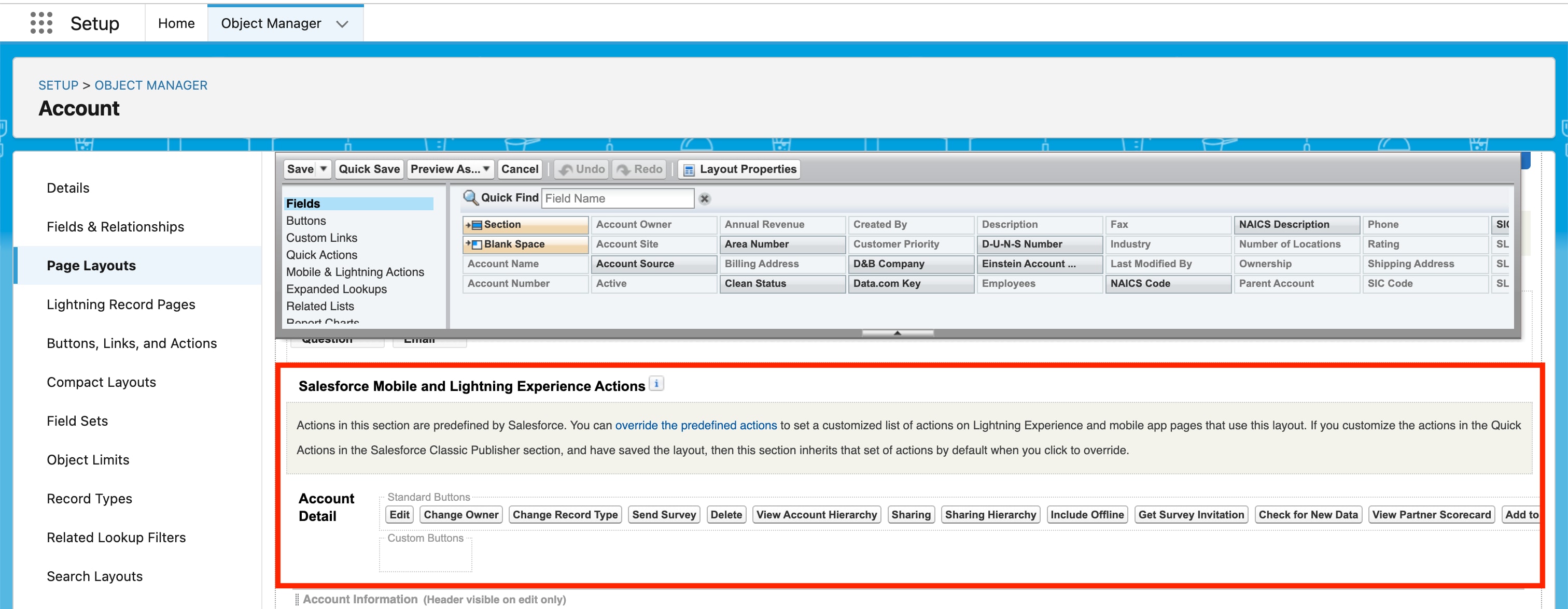 Screenshot of the Salesforce Mobile and Lightning Experience Actions section for an Account object page.