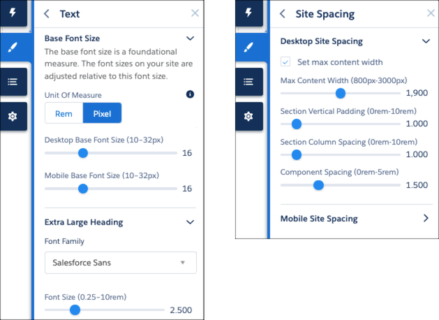 Text and Site Spacing menu