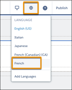 Language selector icon and menu in Experience Builder