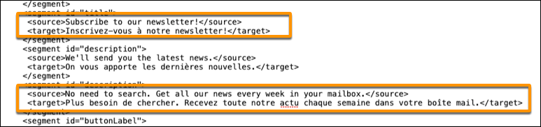 xlf file showing default language (English) within the source tags and intended new default language (French) within the target tags