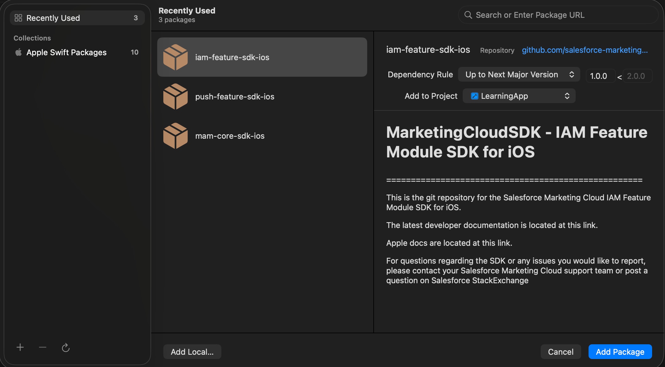 The Swift Package Manager screen with the iam-feature-sdk-ios package highlighted