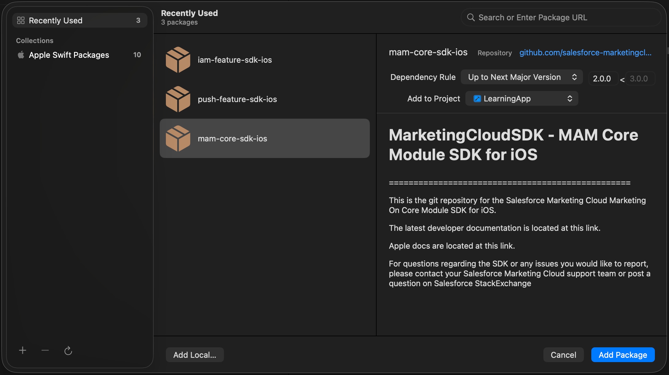 The Swift Package Manager screen with the mam-core-sdk-ios package highlighted