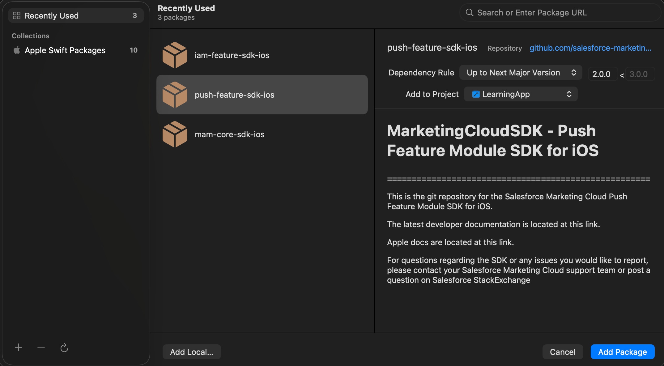The Swift Package Manager screen with the push-feature-sdk-ios package highlighted