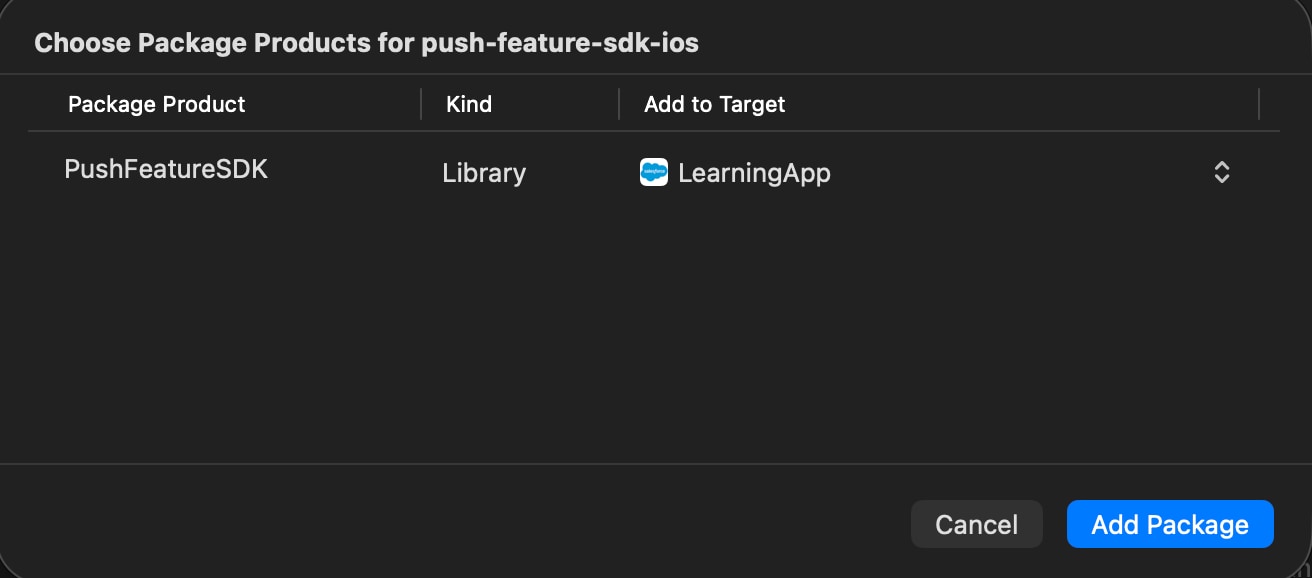A list of package products in Swift Package Manager for the push-feature-sdk-ios package