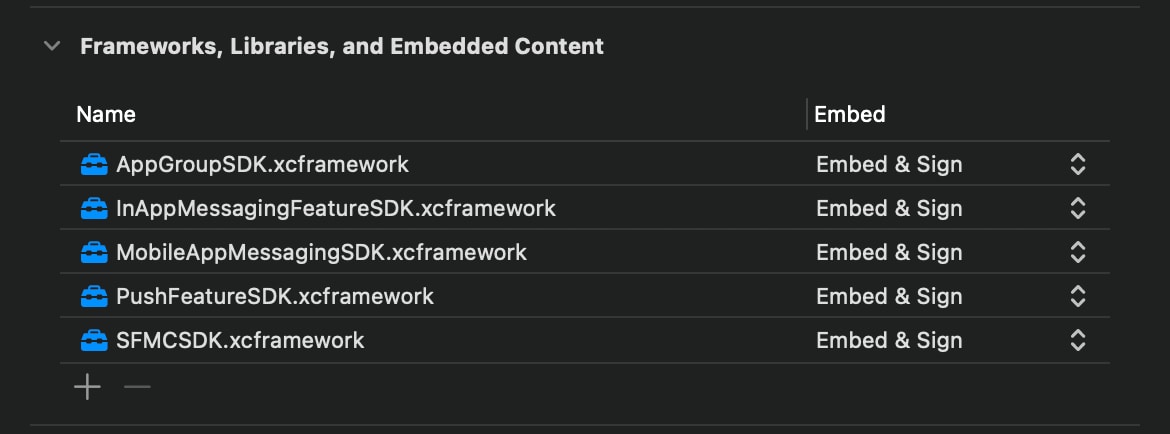 The target’s General settings, showing the frameworks added to the Frameworks, Libraries, and Embedded Content section