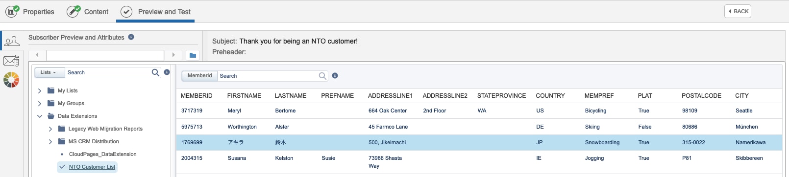 The Subscriber Preview tab on the Preview and Send page. A folder structure on the left side shows an expanded folder labeled Data Extensions. Under that folder, a data extension called NTO Customer List is selected. A list of subscribers is shown on the right side of the page, and the third row of data is selected.