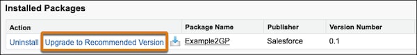 The Upgrade to Recommended Version link on a subscriber's Installed Package page