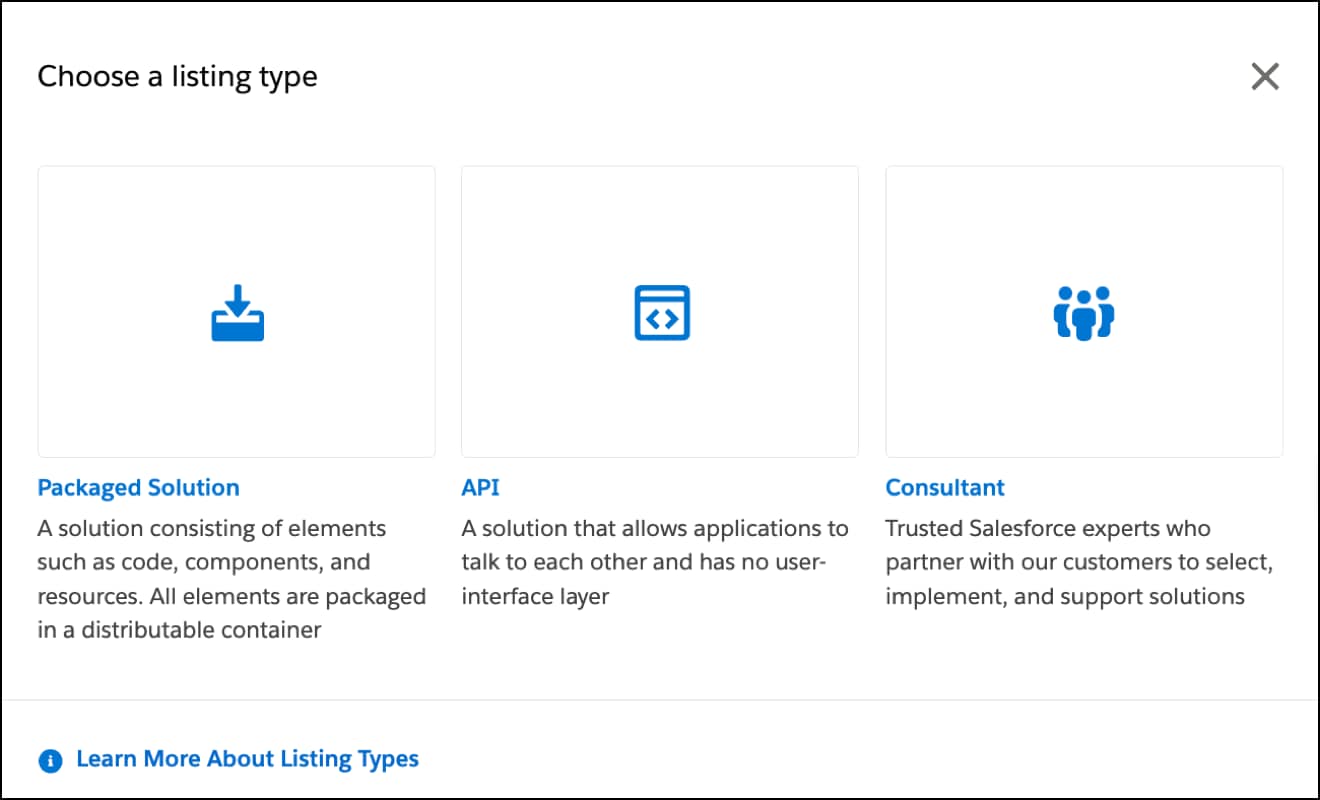 A screenshot of the first page where you select a listing type