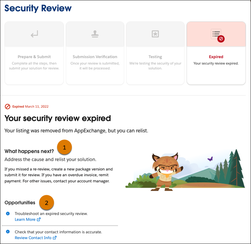 The security review Overview page for an expired review describes what happens next, and lists opportunities for how to remedy the issue.