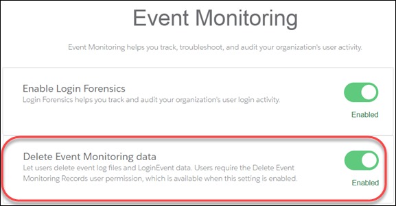 Event Monitoring Settings page showing Delete Event Monitoring data option enabled