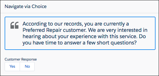 A flow screen that has no navigation buttons. Instead, the body of the screen has Yes and No buttons.