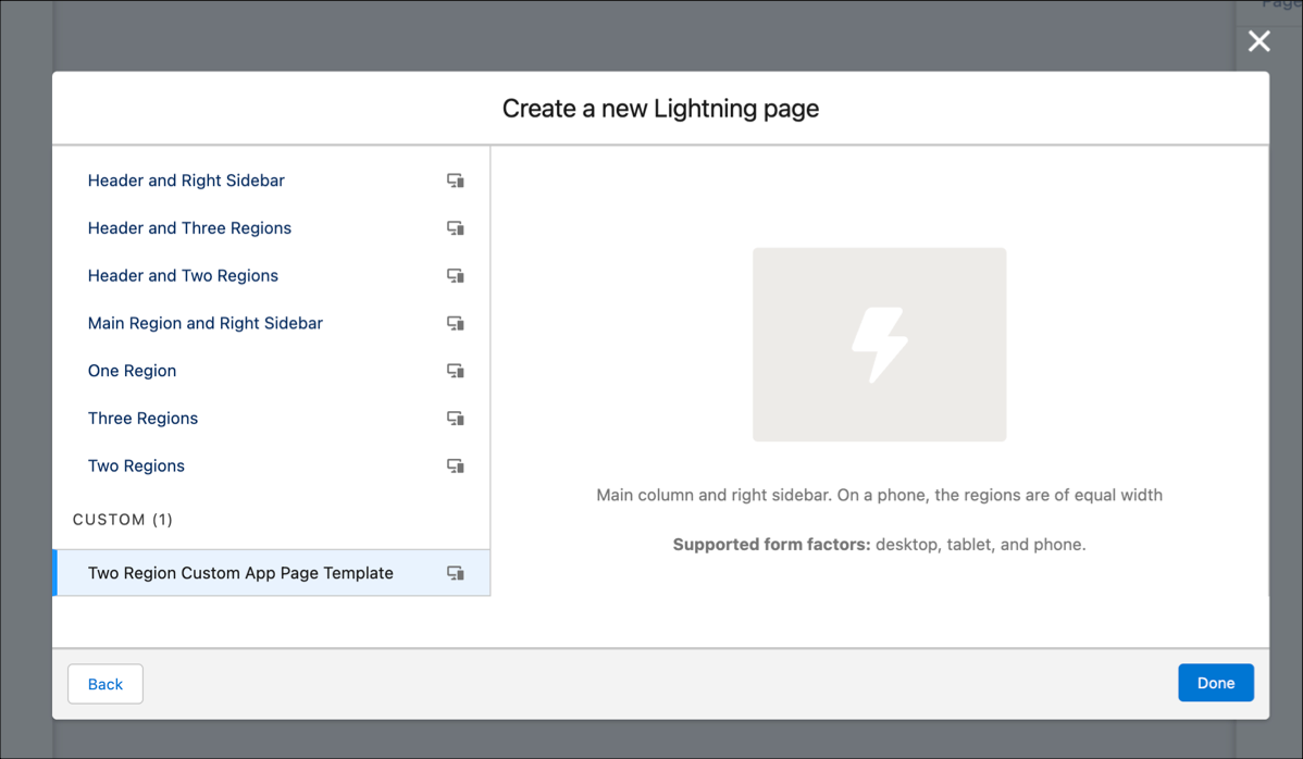 Lightning page template selection