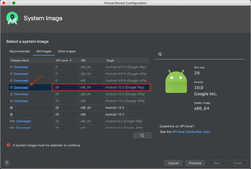 Download button for Android 10.0 (Google Play) emulator