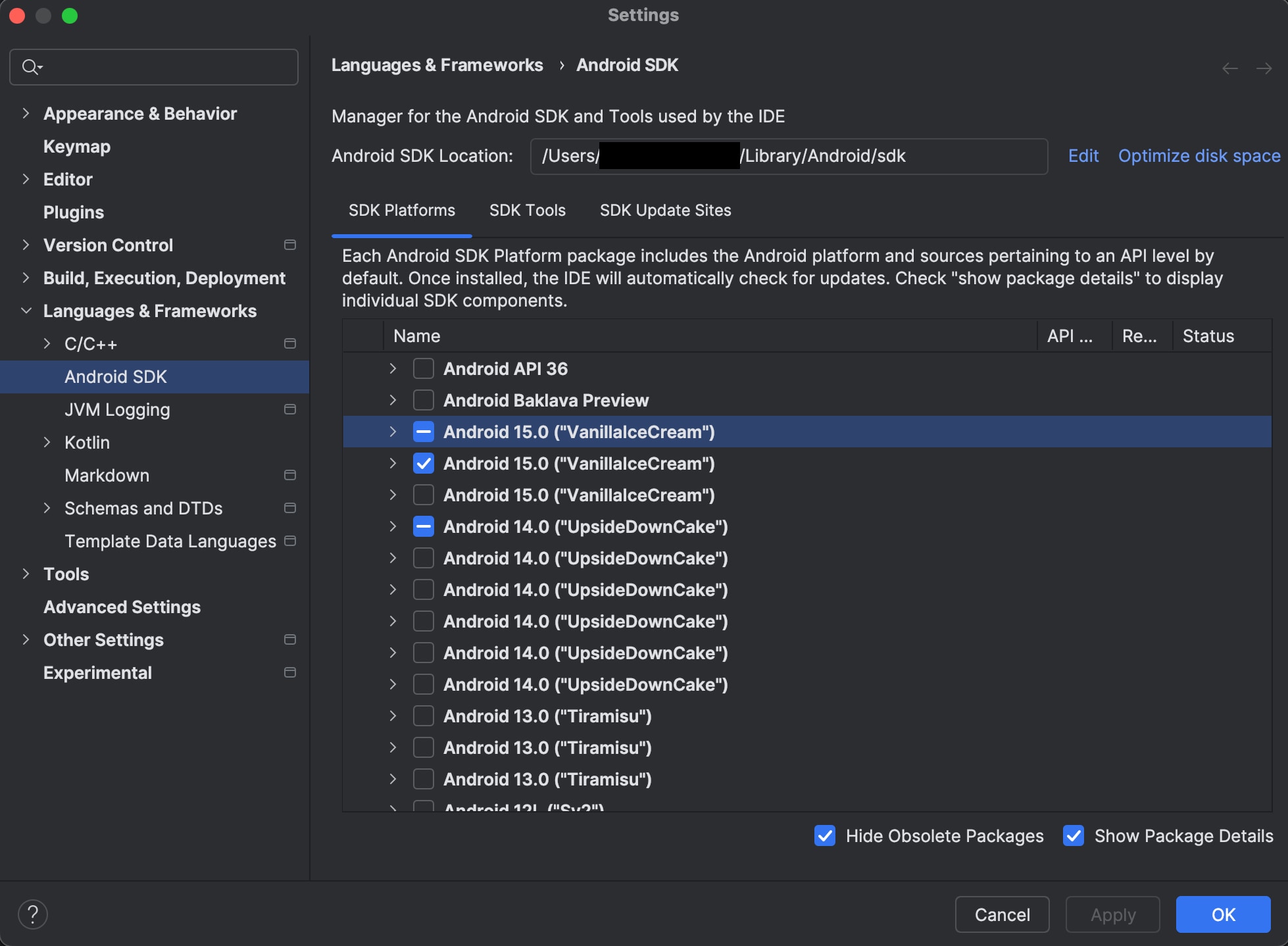 List of Android SDK platforms in Android Studio Preferences