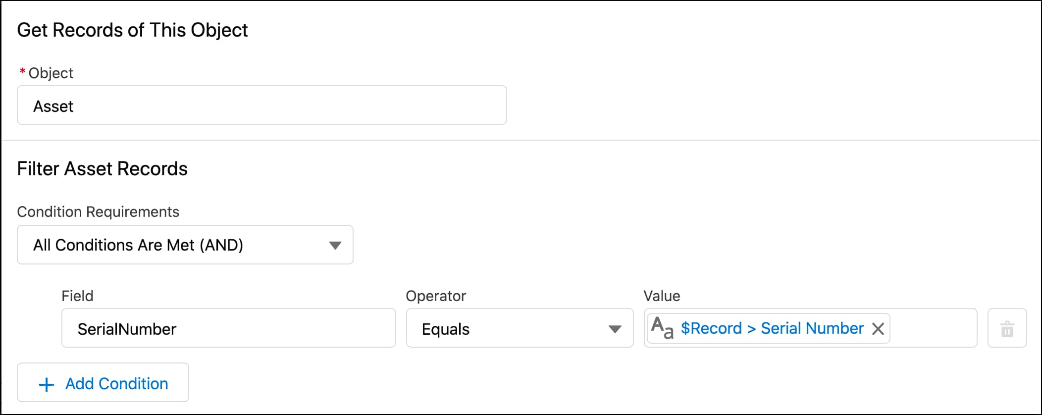 The Get Records element finds the asset