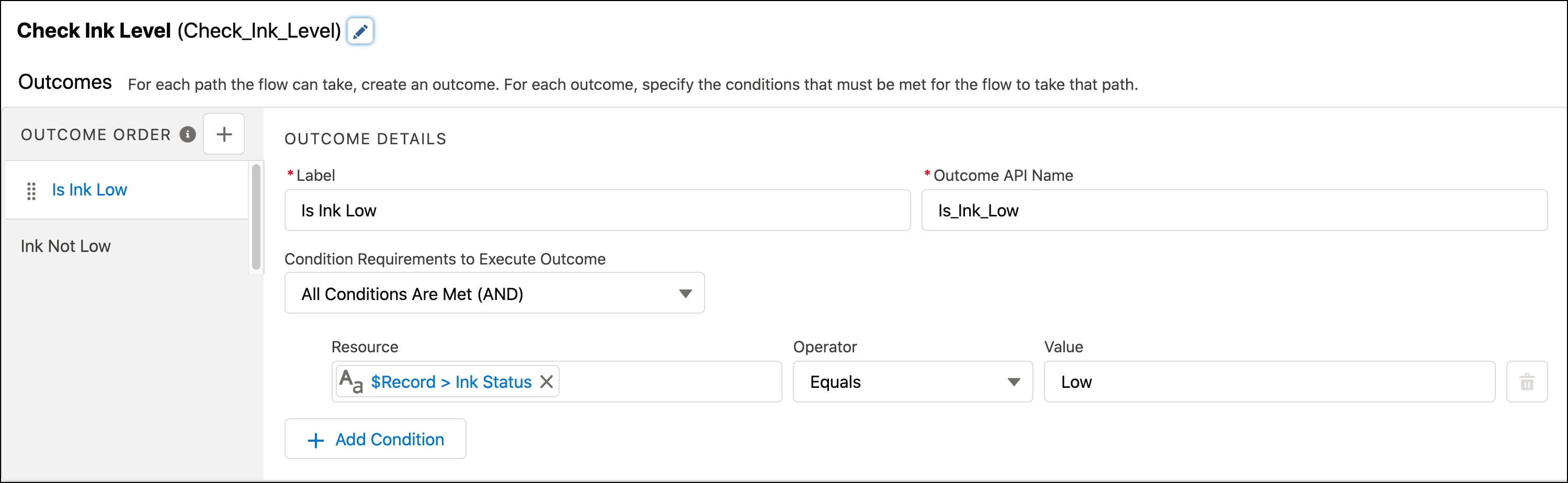 Decision element that checks the ink level