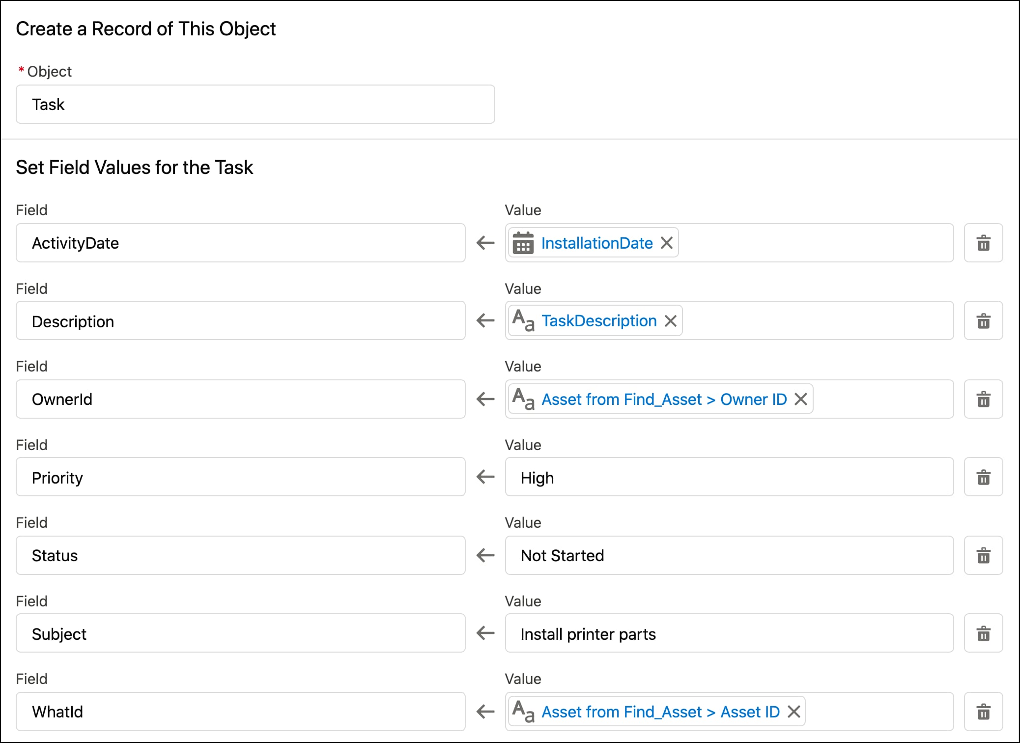 Create Records element that creates an installation task