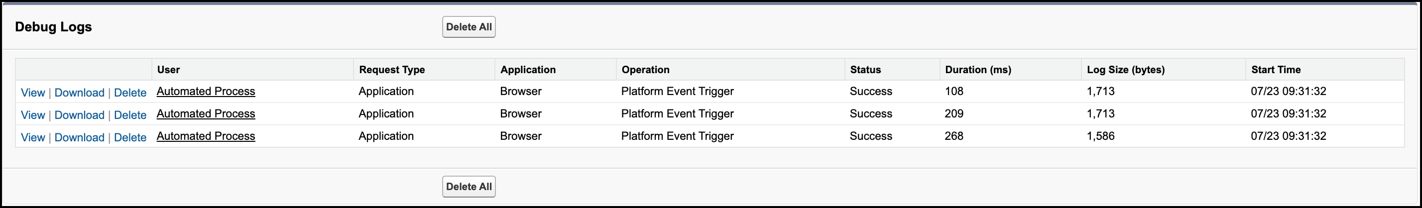 Debug logs generated for the parallel subscriptions