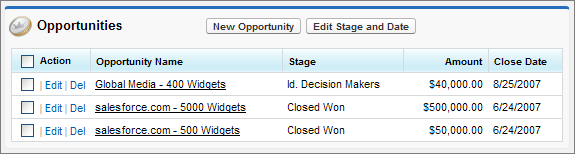 An Opportunities related list with an Edit Stage and Date button