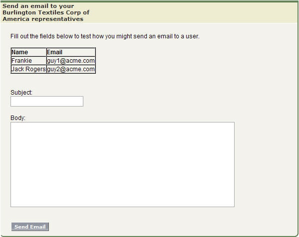 Example of the Form on sendEmailPage A form on sendEmailpage called "Send an email to your Burlington Textiles Corp of America representatives."