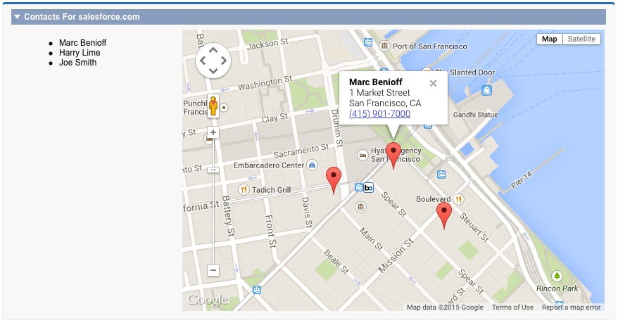 A map with markers displaying an info window
