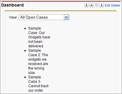A Visualforce dashboard displaying a view of all open cases.
