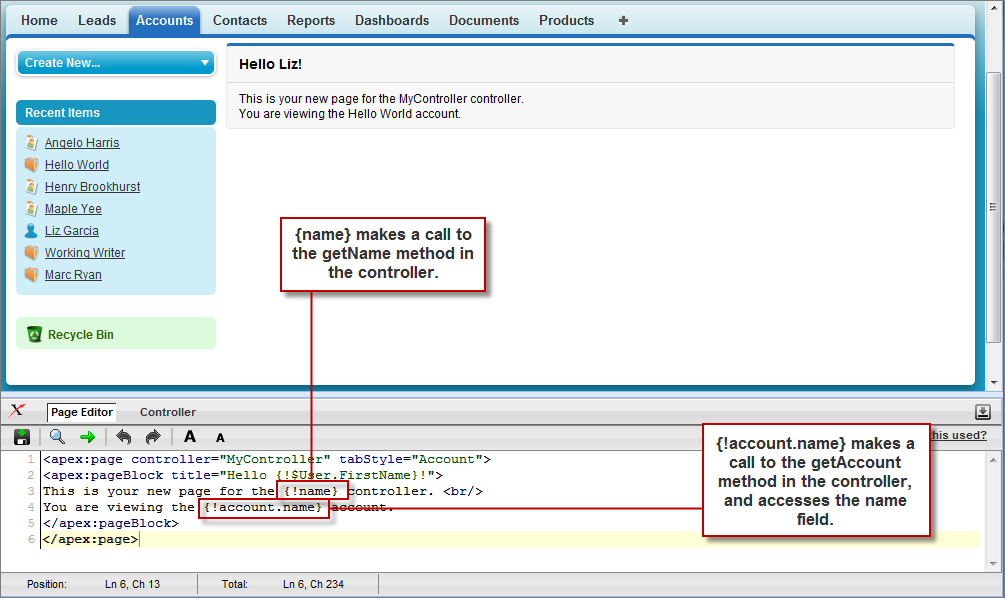 Using a Custom
Controller to Display Values on a Page The Visualforce Page Editor. A custom controller is displayed in the code.