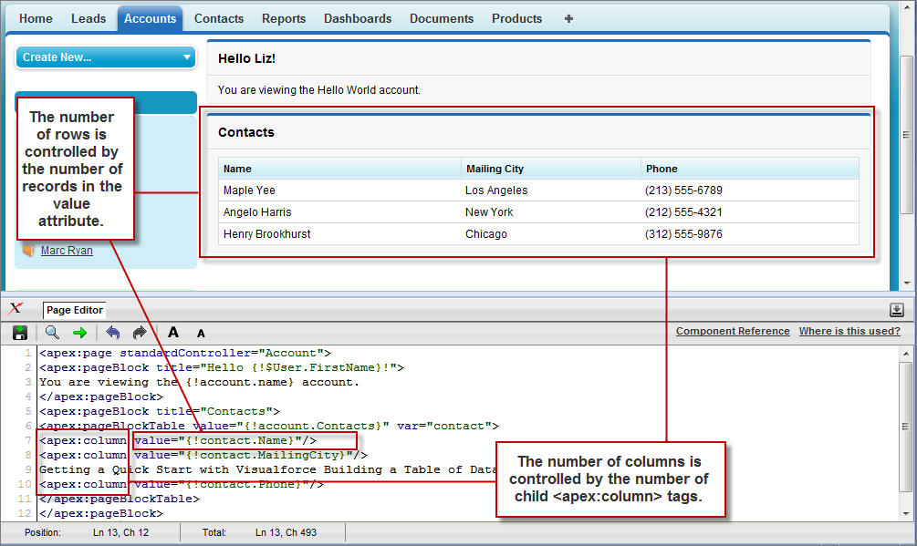 The apex component displayed in the Visualforce code window. The page view displays 3 contact columns.