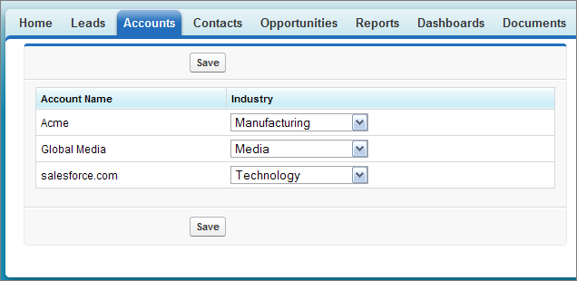 Example of Editing a Table of Data The Accounts tab, displaying the Acme, Global Media, and Salesforce accounts. An Industry column displays drop-down lists used to select the corresponding industry.