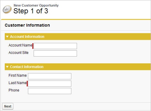 Step 1 of the New
Customer Opportunity Wizard Step 1 of the New Customer Opportunity wizard. Two sections, called "Account Information" and "Contact Information", are displayed.