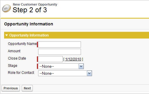 Step 2 of the New
Customer Opportunity Wizard Step 2 of the New Customer Opportunity wizard. A section called "Opportunity Information" is displayed.