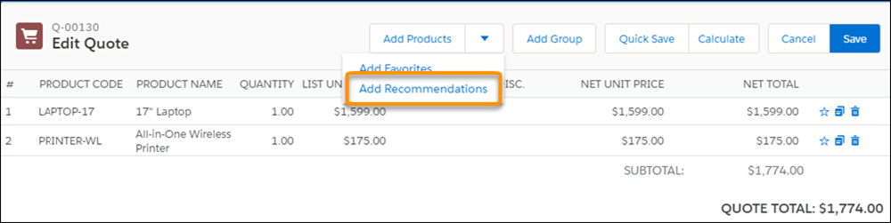 Image of quote line editor with Add Recommendations custom action