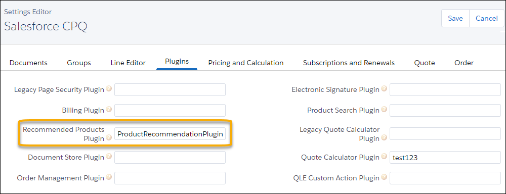 Plugins tab in Settings Editor showing Recommended Products plugin setting