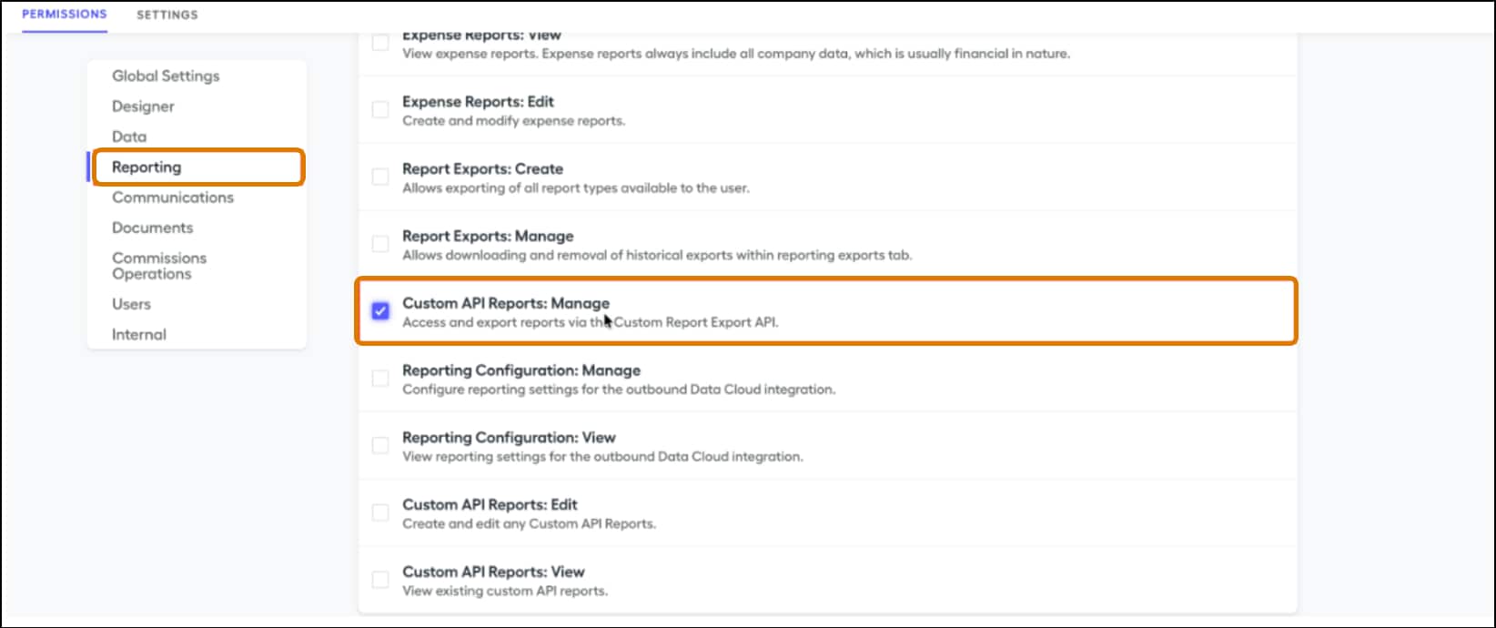 Reporting permissions page in Spiff, showing the Custom API Reports: Manage permission