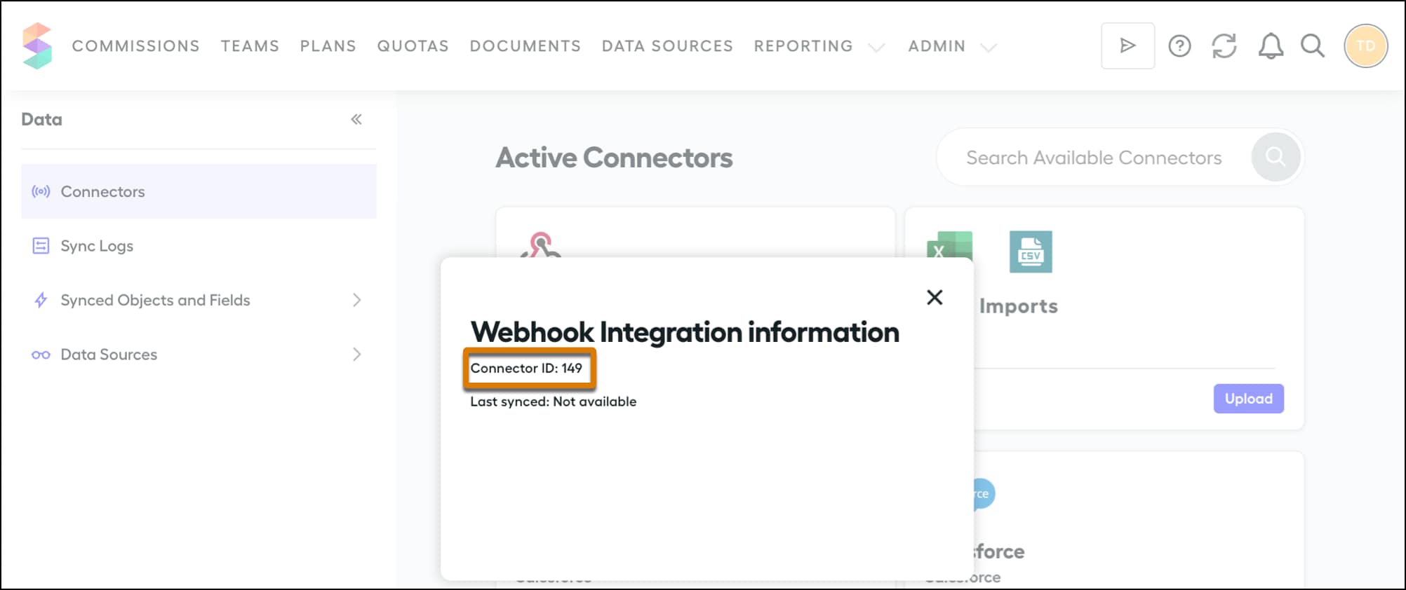 Webhook connector in Spiff, showing the ID of the connector