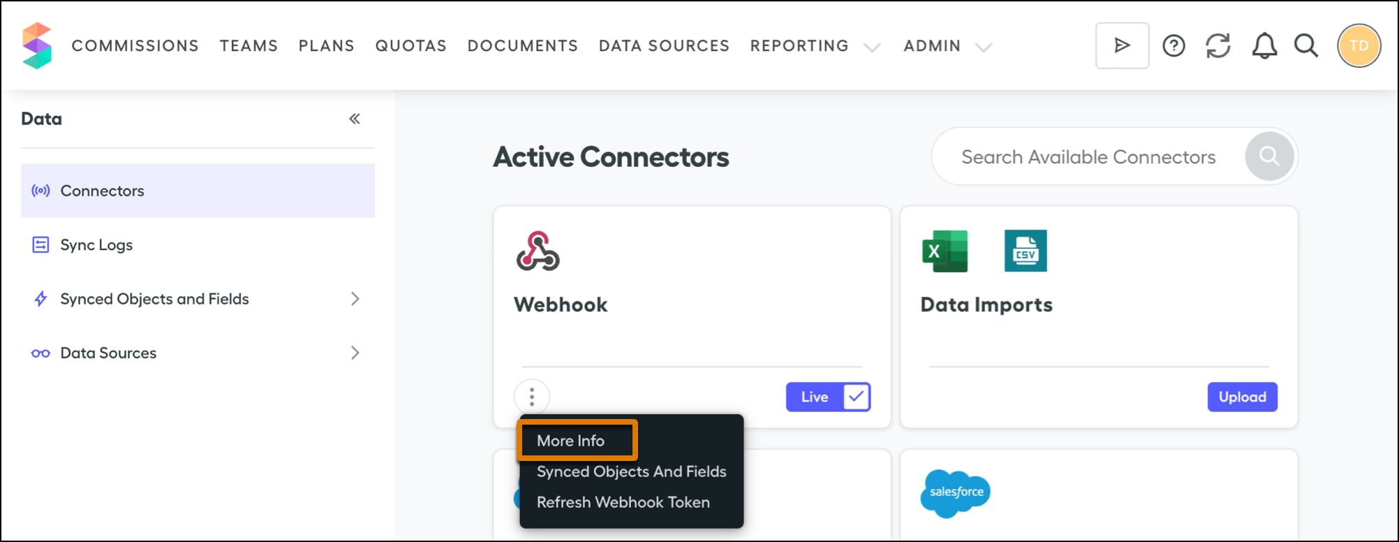 Webhook connector in Spiff, showing the More Info menu option
