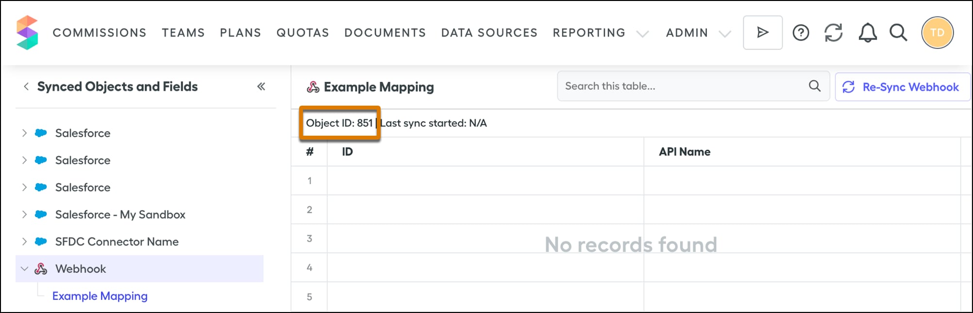 Webhook mapping in Spiff, showing the Object ID of the mapping