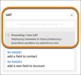 DevOps Center showing a message about deploying metadata during a promotion to the UAT pipeline stage.