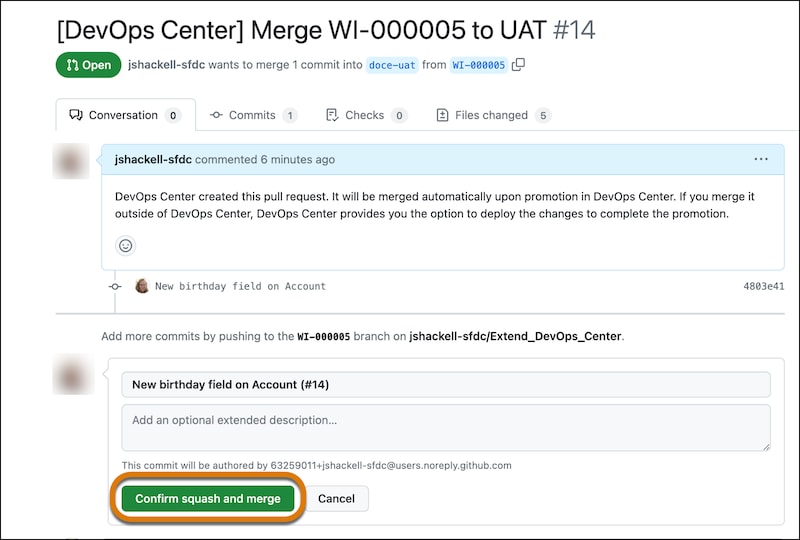 GitHub UI showing a pull request to merge the WI-000003 feature branch into a stage branch, with Confirm Squash and Merge button circled.